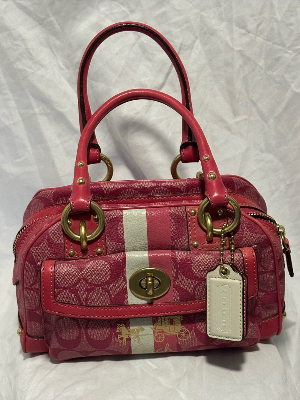 Coach Heritage Stripe Pink Leather Domed Satchel Handbag Purse Bag L0869-13194